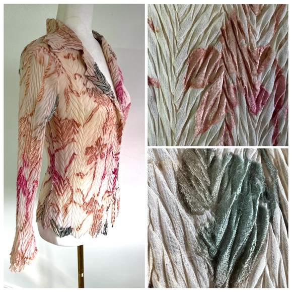 Komarov Blush Pink Crinkle Pleated Blouse Velvet Floral Burnout Plaque Romantic - Picture 6 of 16